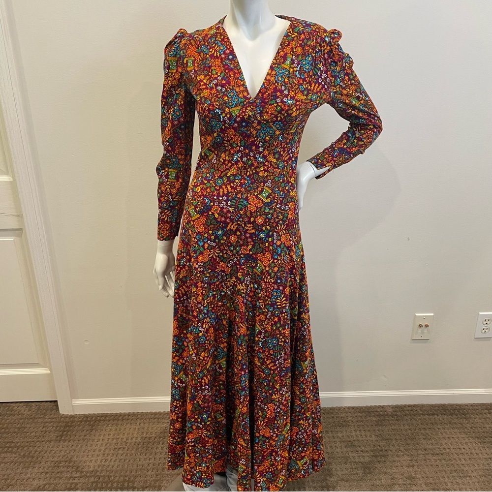 VINTAGE 70s Handmade Floral Print Mutton Leg Sleeve V-Neck Maxi Dress